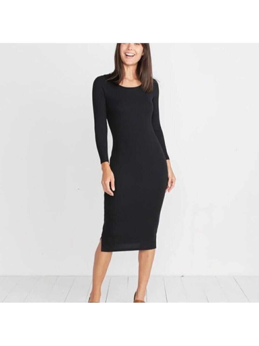 Marine Layer Lexi Midi Dress Longsleeve L Black Rib Knit Long Sleeves Slit Maxi
